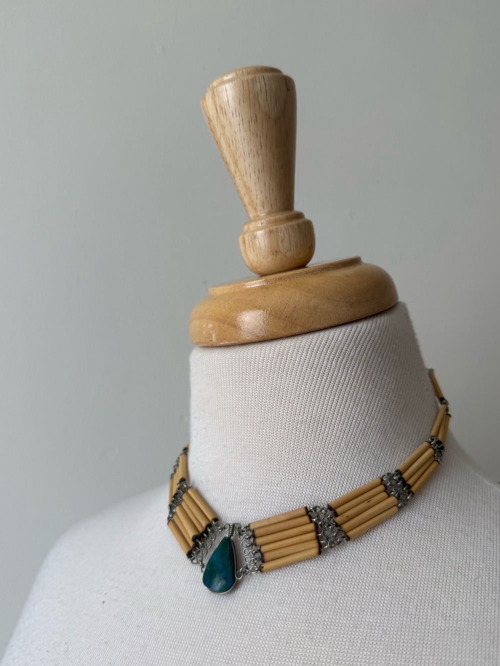 Vintage Bone Style Bead & Turquoise Teardrop Statement Necklace